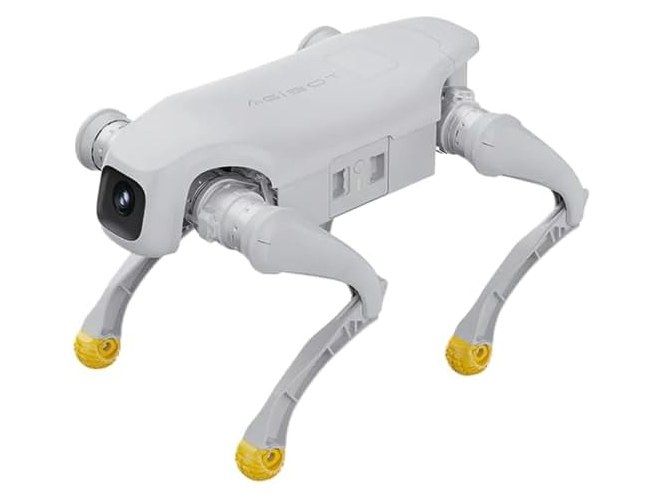 Weißgrauer Roboterhund AgiBot D1 Pro mit Kamera an der Front, sichtbaren Gelenkmotoren und gelben Gummifüßen.