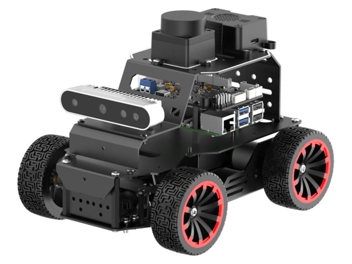 Schwarzes vierrädriges Roboterauto MentorPi A1 mit rot-schwarzen Felgen, silberner Tiefenkamera vorn, Raspberry-Pi-Platine und rundem LiDAR-Sensor oben, hier mit der KI-Sprachbox des Advanced Kit.
