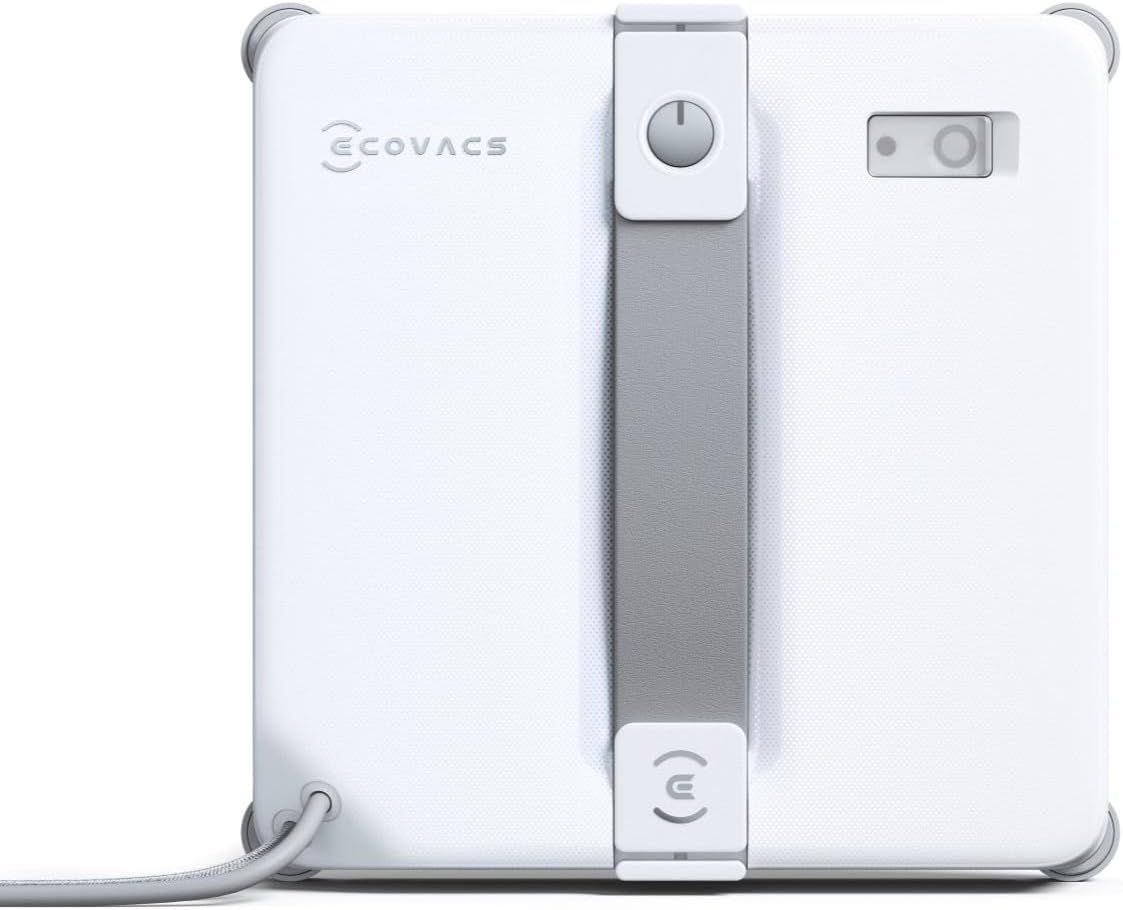 Frontalansicht des weißen, quadratischen WINBOT mini 2 mit grauem Tragegriff, Ein-Taste, ECOVACS-Logo und grauen Eckelementen vor weißem Hintergrund, links unten das angeschlossene Kabel.