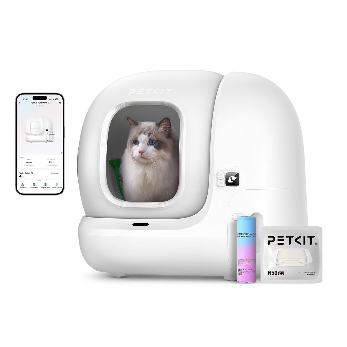 Weiße PETKIT Pura Max 2 mit Katze im Einstieg, daneben Smartphone mit PETKIT-App, Müllbeutelrolle und Geruchsneutralisierer N50.
