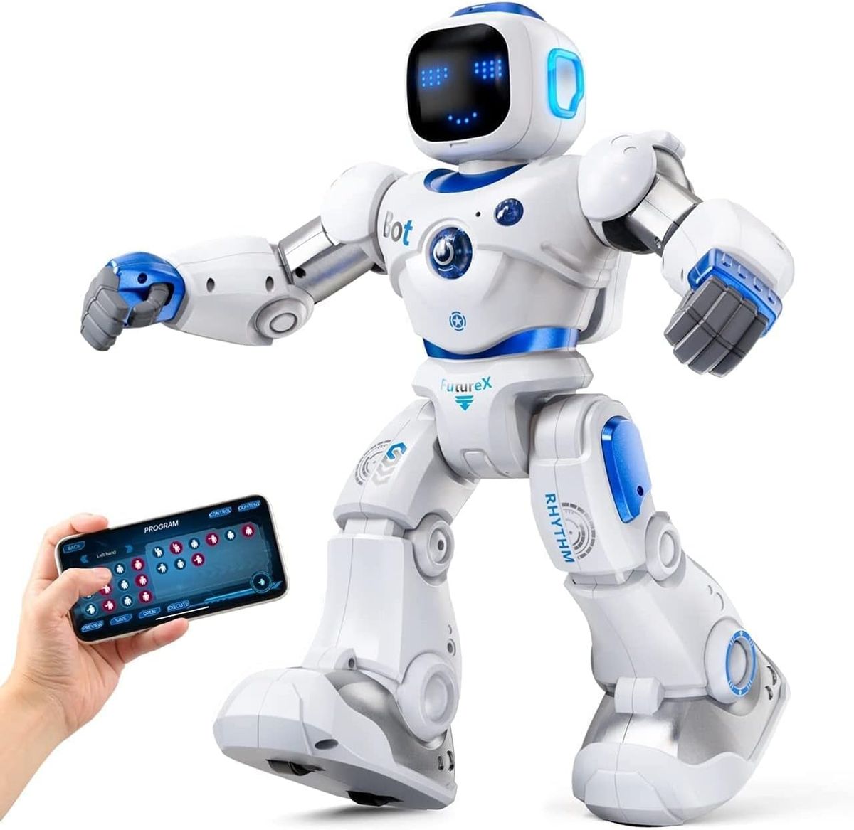 Weiß-blauer Ruko 1088 Roboter mit leuchtendem LED-Gesicht in Schrittpose, daneben eine Hand mit Smartphone, auf dem die Programmieransicht der App zu sehen ist.