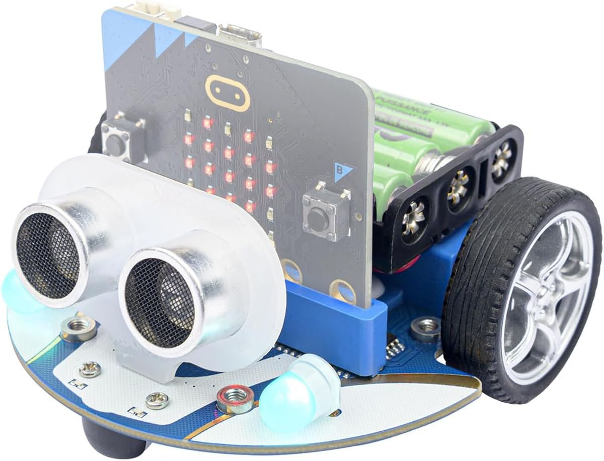 Kleines blau-weißes Roboterauto Cutebot mit Ultraschallsensor als Augen, eingestecktem micro:bit und eingesetzten Batterien – micro:bit und Batterien gehören nicht zum Lieferumfang.