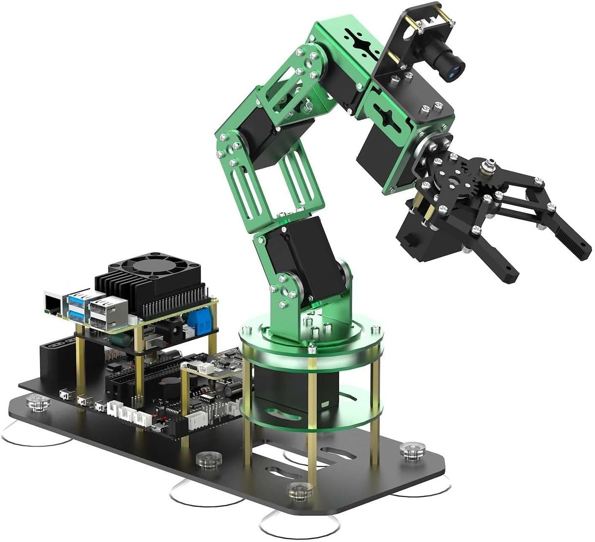 Grün eloxierter sechsachsiger Lernroboterarm DOFBOT mit schwarzem Greifer und Kamera auf einer Grundplatte mit Saugfüßen und Steuerplatinen.