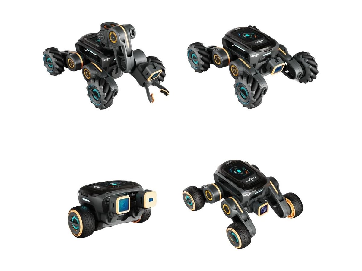 Vier freigestellte UGOT-Robotermodelle in Schwarz und Orange, darunter Fahrzeuge mit Mecanum-Rädern und ein Greifarm-Modell.