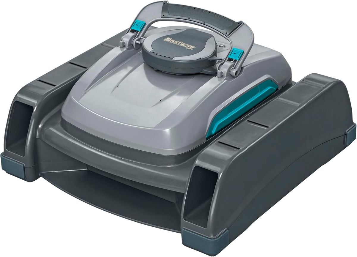 Grauer Poolroboter Bestway AquaTronix G300 mit Tragebügel, aufgesetzt auf das dunkelgraue Skimmer-Modul mit türkisen Akzenten.