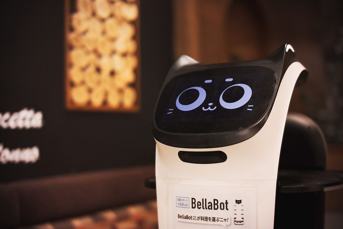Nahaufnahme eines weißen Roboters mit schwarzem, katzenohrförmigem Kopfteil, auf dem Display zwei große blaue Kreisaugen und Schnurrhaare, darunter ein Schild mit dem Schriftzug BellaBot und japanischem Text, Hintergrund unscharf in Braun