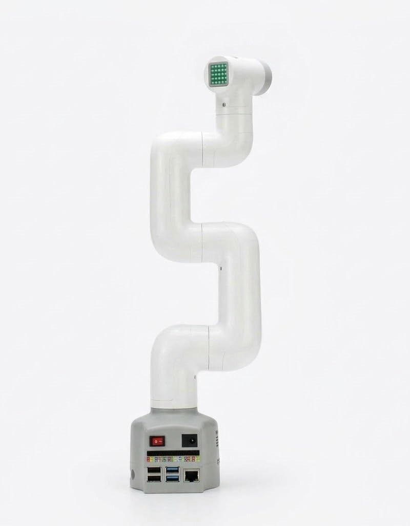 Weißer sechsachsiger Roboterarm myCobot 280 Pi in Grundstellung auf grauem Sockel mit Netzschalter, USB- und LAN-Anschlüssen.