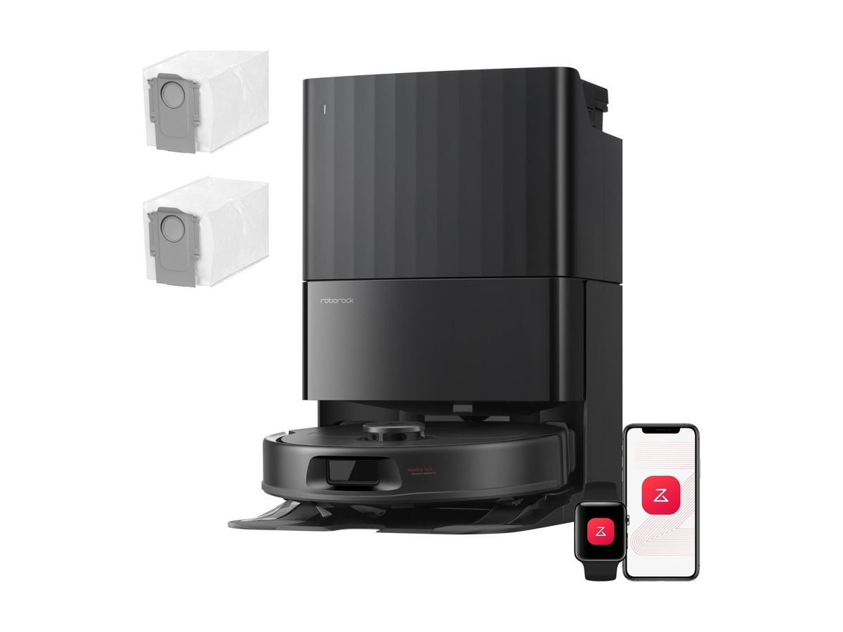 Roborock Qrevo S Pro Set in Schwarz: Saugroboter in der Multifunktions-Dockingstation, daneben zwei Staubbeutel sowie Smartphone und Smartwatch mit Roborock-App-Logo.