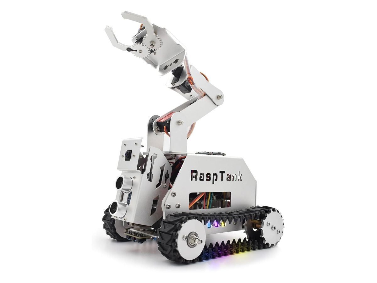Silberner Kettenroboter mit RaspTank-Schriftzug, erhobenem Greifarm, Kamera, Ultraschallsensor und bunt leuchtenden LEDs an der Kette