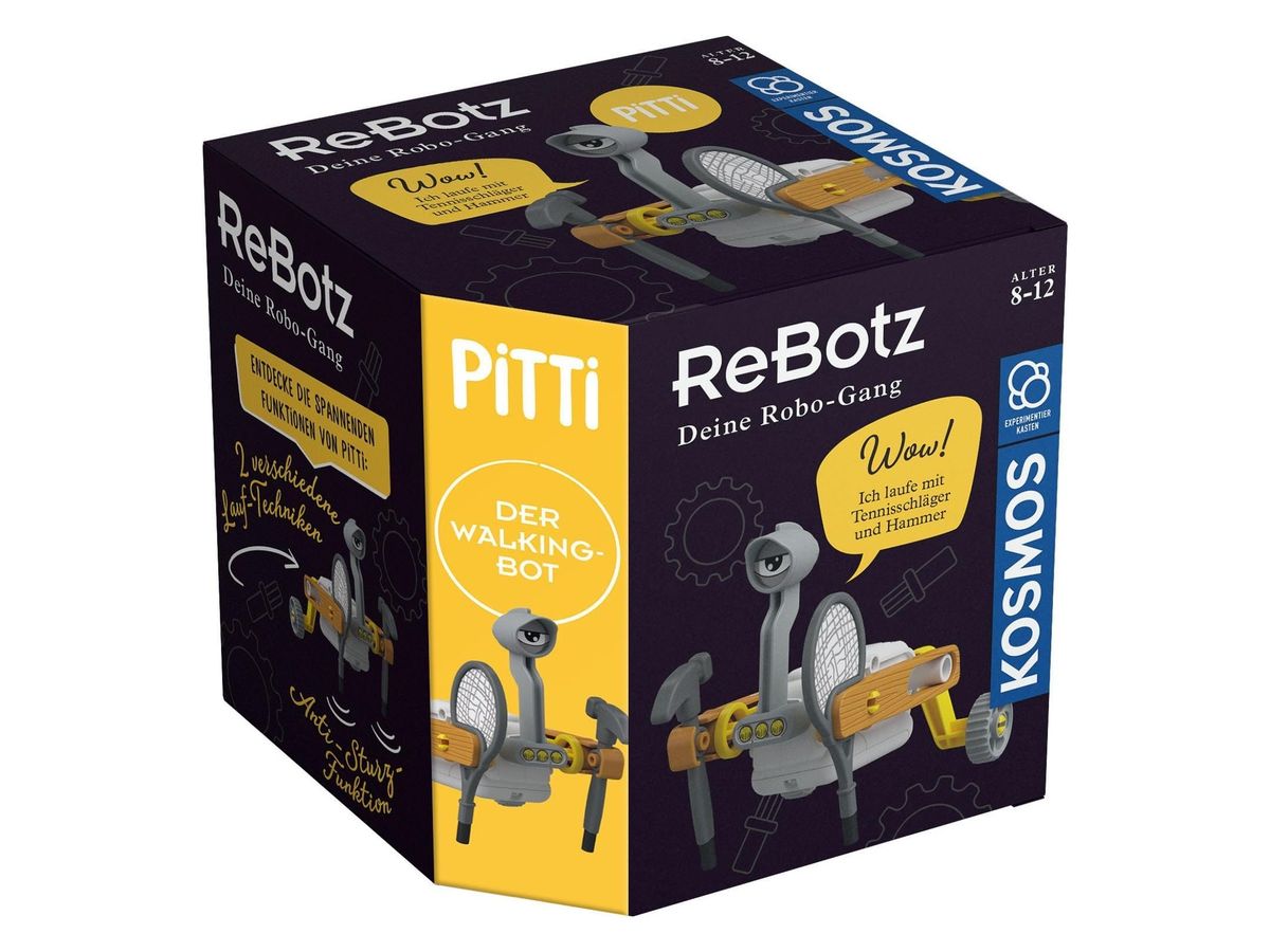 Würfelförmige Verpackung von ReBotz Pitti mit Laufroboter aus Tennisschläger, Hammer und Holzplanken.