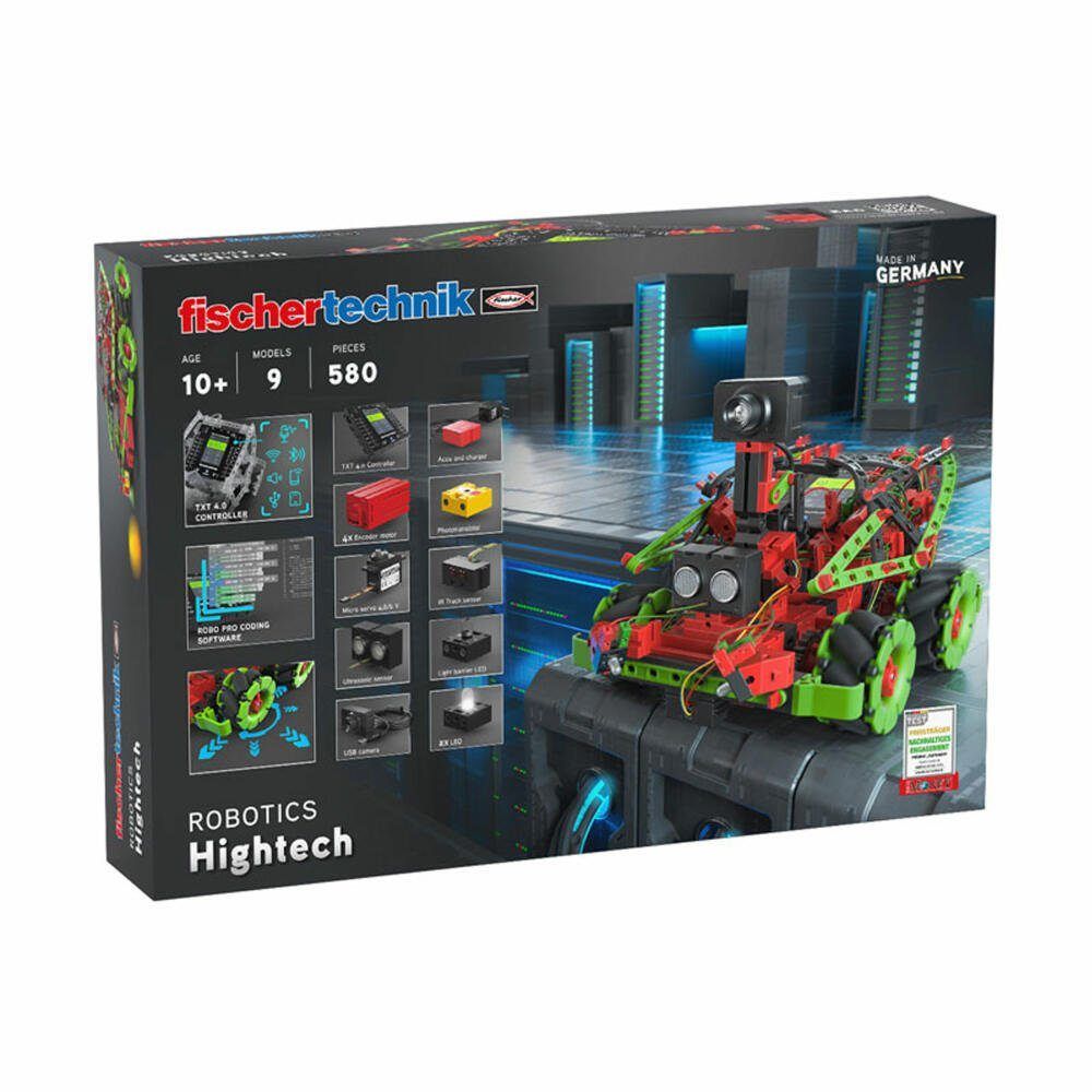 Verpackung des fischertechnik Robotics Hightech mit den Angaben ab 10 Jahren, 9 Modelle und 580 Teile sowie abgebildeten Komponenten: TXT-4.0-Controller, Akku mit Ladegerät, 4 Encodermotoren, Fotowiderstand, Mikroservo, IR-Spursensor, Ultraschallsensor, Lichtschranken-LED, USB-Kamera und 2 LEDs