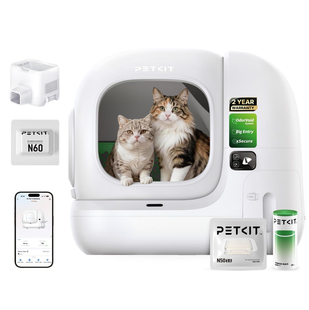 Weiße PETKIT Purobot Max 3 mit zwei Katzen im Einstieg, daneben K4-Filter, N60- und N50-Geruchsneutralisierer, Müllbeutel und App.