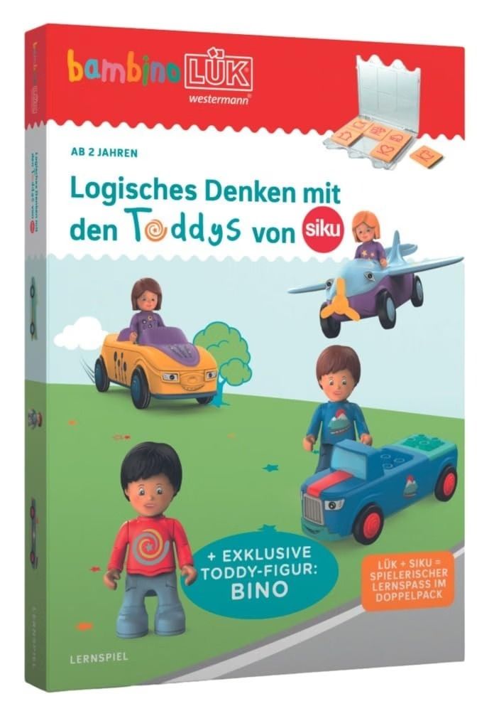 Cover des bambinoLÜK-Sets Logisches Denken mit den Toddys von siku, oben rechts das Kontrollgerät mit sechs Plättchen