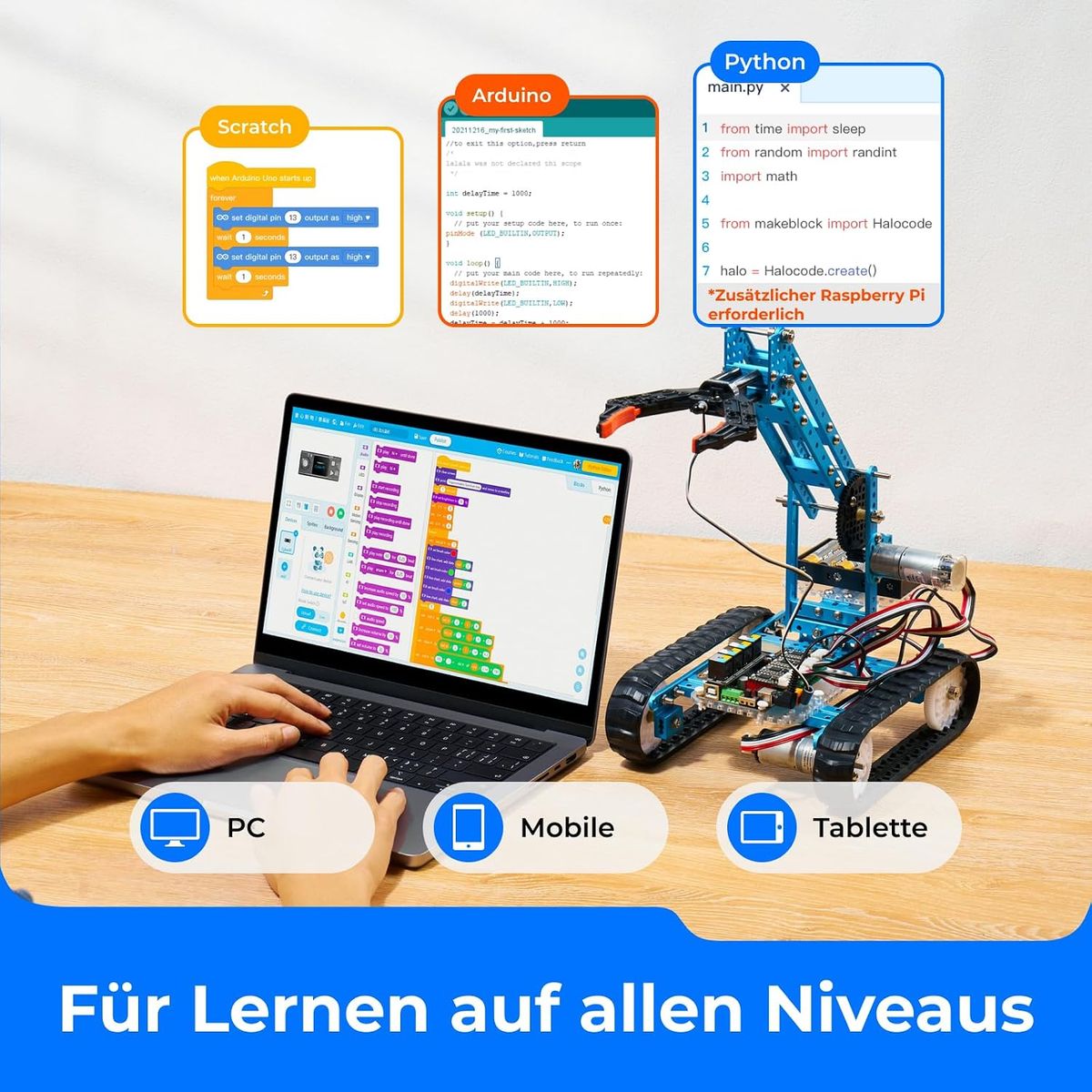 Laptop mit geöffneter Blockprogrammierung neben dem aufgebauten Ultimate-Kettenroboter mit Greifarm; darüber drei Code-Fenster mit Scratch-Blöcken, Arduino-Code und Python-Code, beim Python-Fenster der Hinweis „Zusätzlicher Raspberry Pi erforderlich“