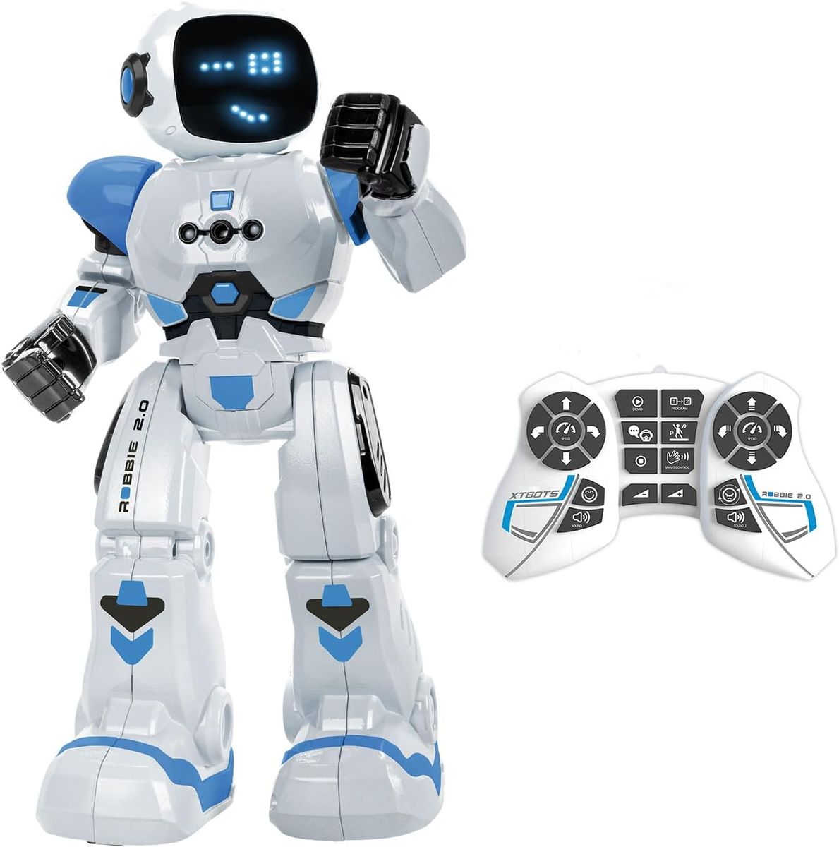 Weiß-blauer Roboter Robbie 2.0 mit LED-Gesicht und schwarzen Händen, daneben die weiße Fernbedienung mit zwei Steuerkreuzen.