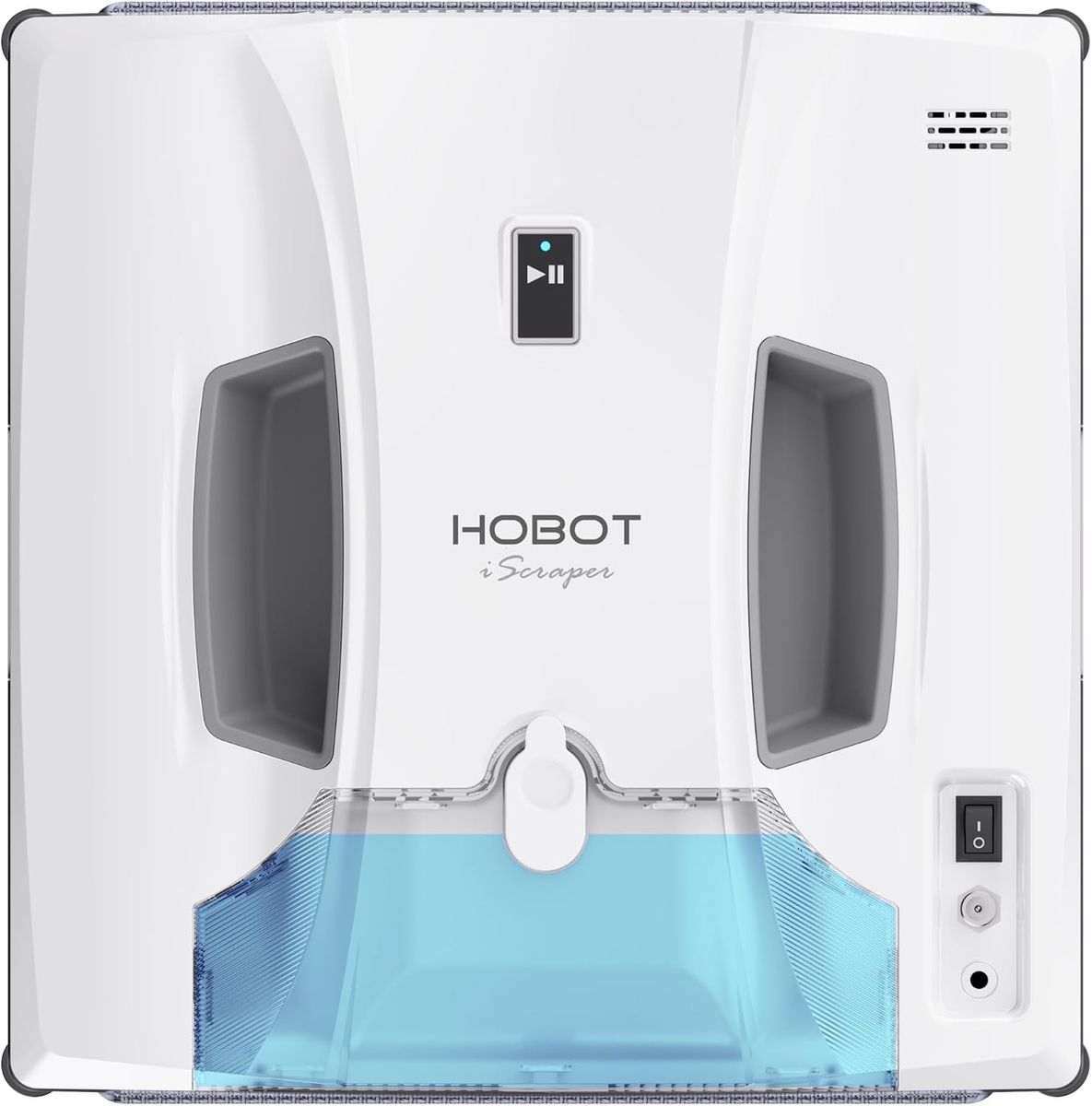 Frontansicht des weißen HOBOT iScraper mit Start-Taste, zwei Griffmulden, halbtransparentem blauem Wassertank und Schalter rechts unten.