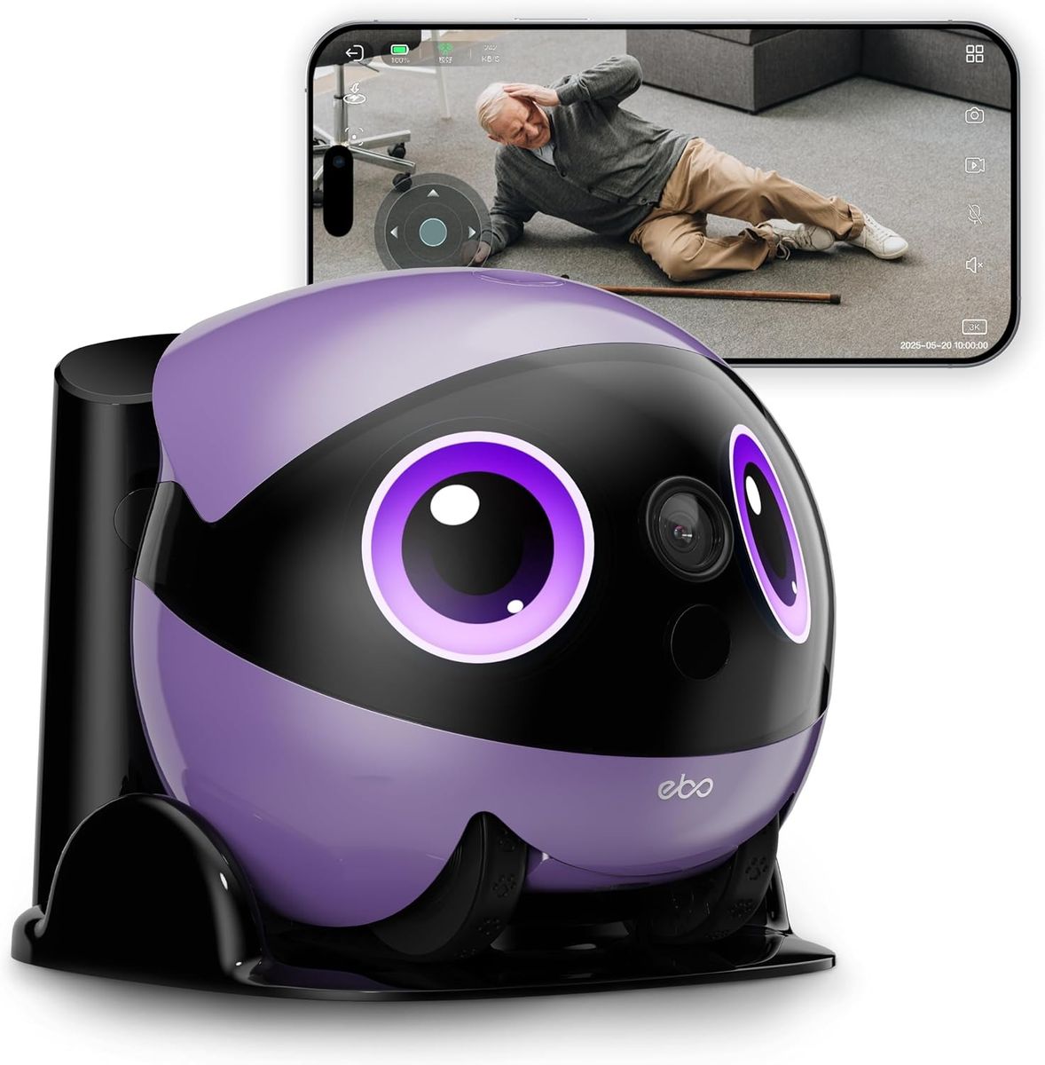 Lilafarbener Enabot EBO Air 2 Plus mit großen Display-Augen in der schwarzen Ladestation, dahinter ein Smartphone mit Live-Bild eines gestürzten älteren Mannes.