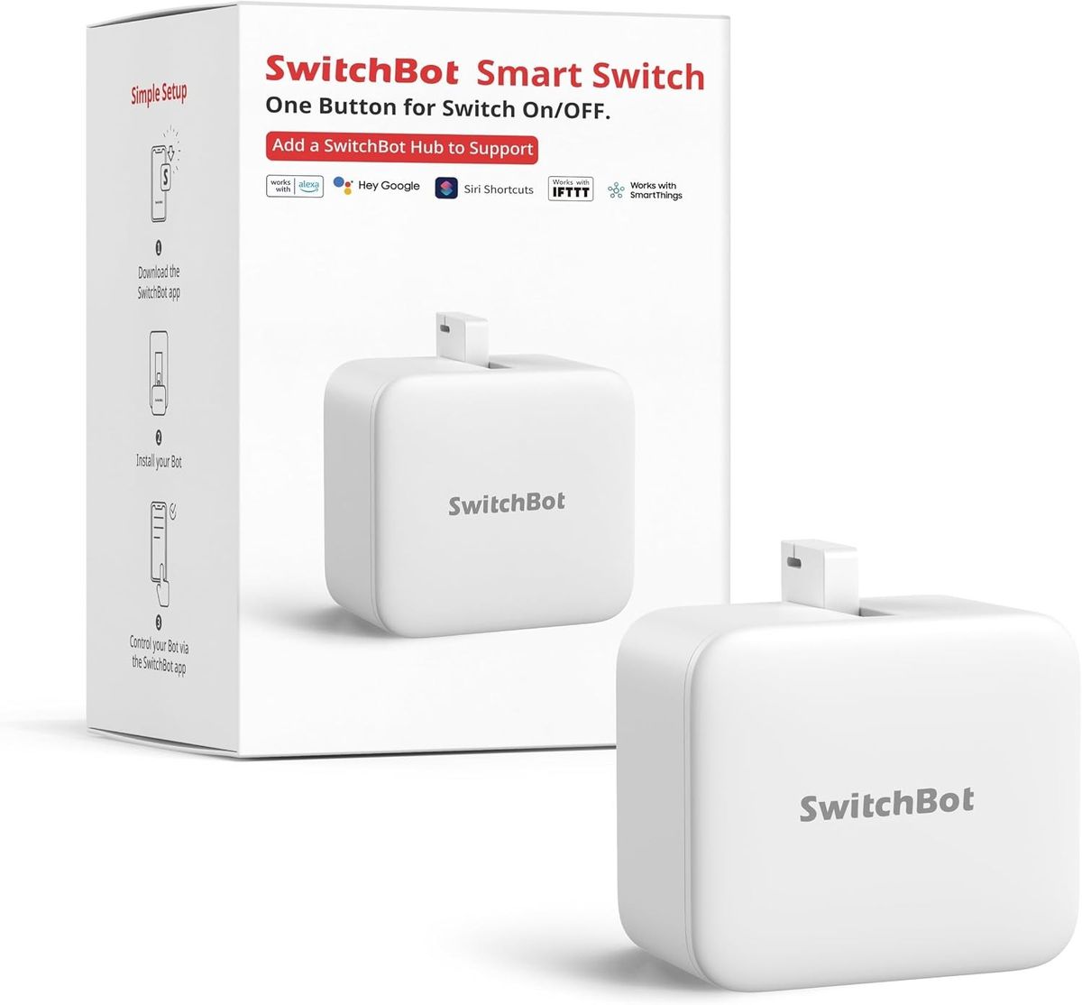 Weißer SwitchBot Bot Rechargeable vor seiner weißen Verpackung mit Einrichtungsschritten auf der Seite.