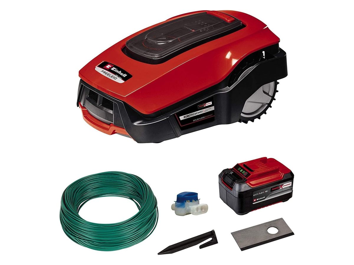 Roter Einhell FREELEXO 1200 LCD BT mit transparenter Klappe, darunter Begrenzungsdraht, Verbindungsklemme, Akku, Hering und Ersatzklinge.