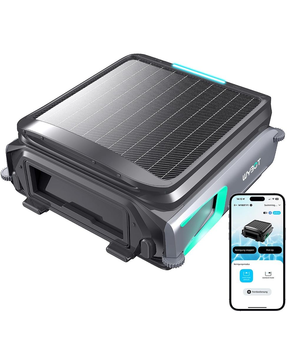 Dunkelgrauer WYBOT F1 mit Solarpanel und türkisfarbenen Leuchtstreifen, daneben ein Smartphone mit der WYBOT-App.