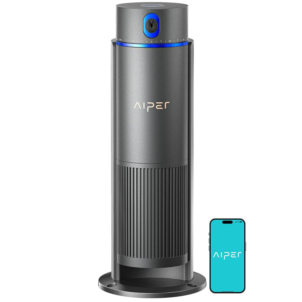 Säulenförmiger Aiper IrriSense 2 in Dunkelgrau mit blauem Leuchtring und Sprühdüse oben, daneben ein Smartphone mit Aiper-Logo.