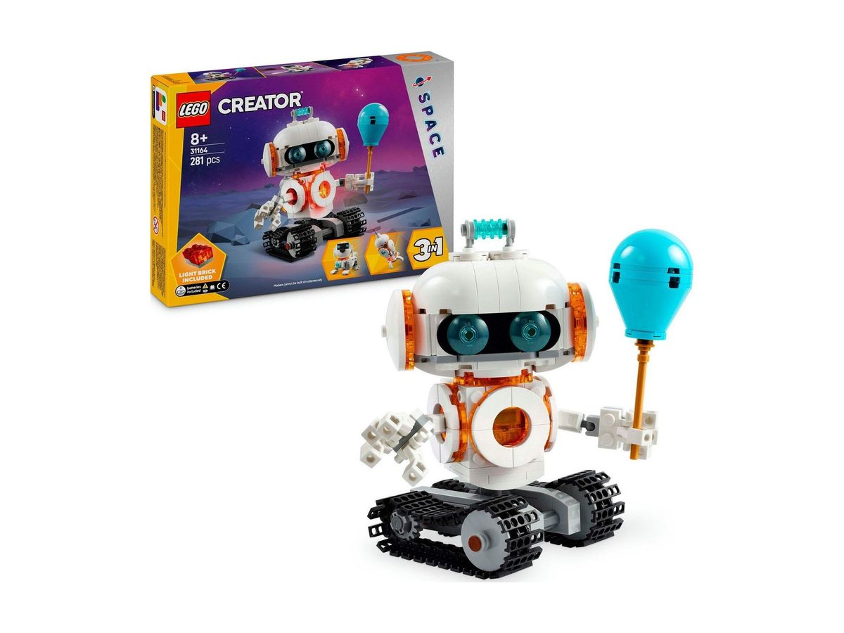 Verpackung des LEGO Creator 3in1 Weltraum-Roboters 31164 und daneben der fertig gebaute weiße Roboter auf schwarzem Kettenlaufwerk mit türkisem Ballon in der Hand