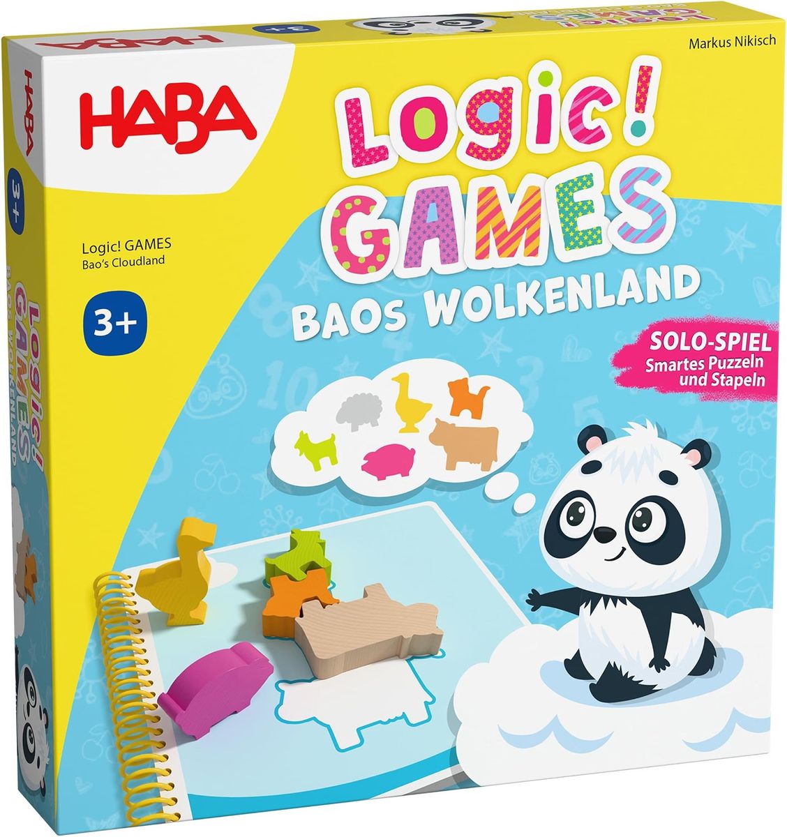 Verpackung von HABA Logic! GAMES Baos Wolkenland mit Pandamädchen Bao, Wolke voller Tiersilhouetten und bunten Holztieren auf dem Aufgabenblock