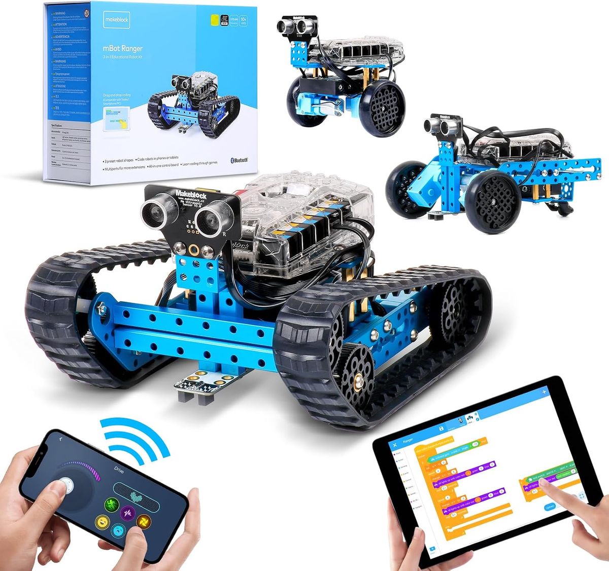 Verpackung des mBot Ranger und die drei Bauformen: groß das blaue Kettenfahrzeug, dahinter der selbstbalancierende Zweiradroboter und der dreirädrige Rennwagen, darunter Smartphone und Tablet mit App und Blockprogrammierung