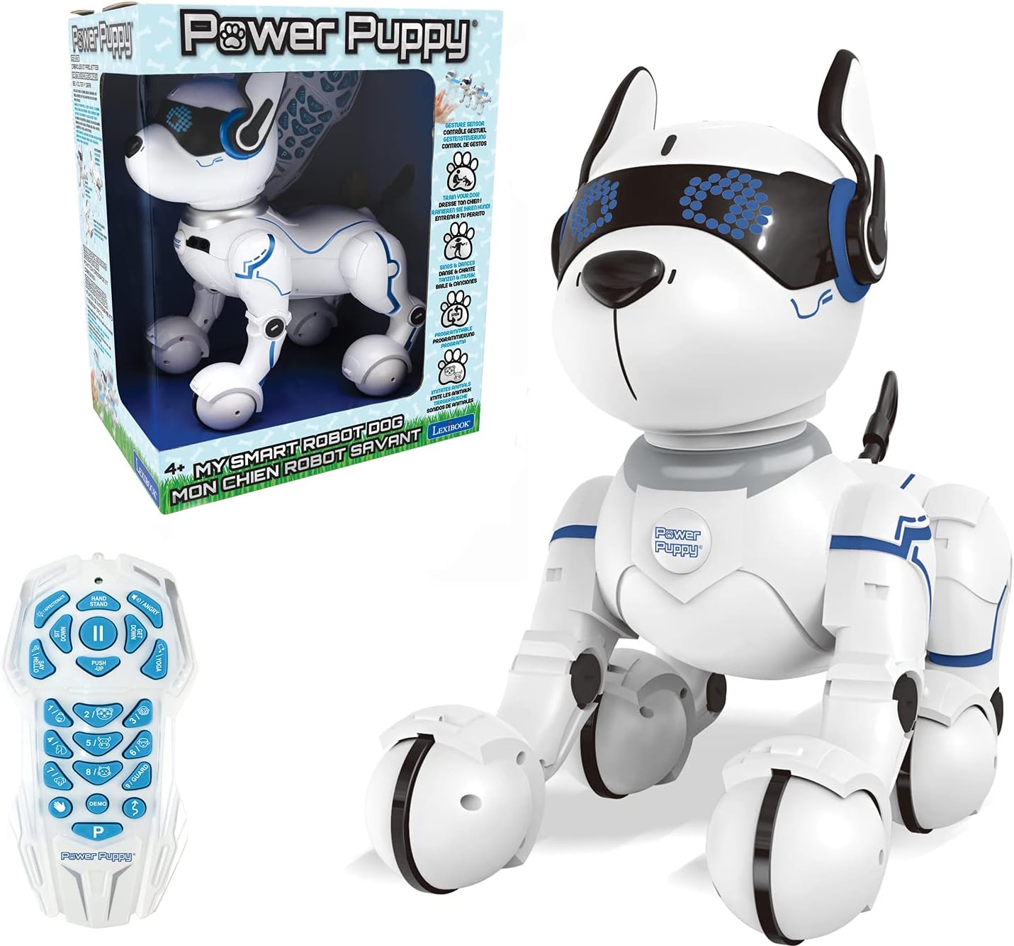 Lexibook Power Puppy in Weiß-Blau neben Verpackung und Fernbedienung