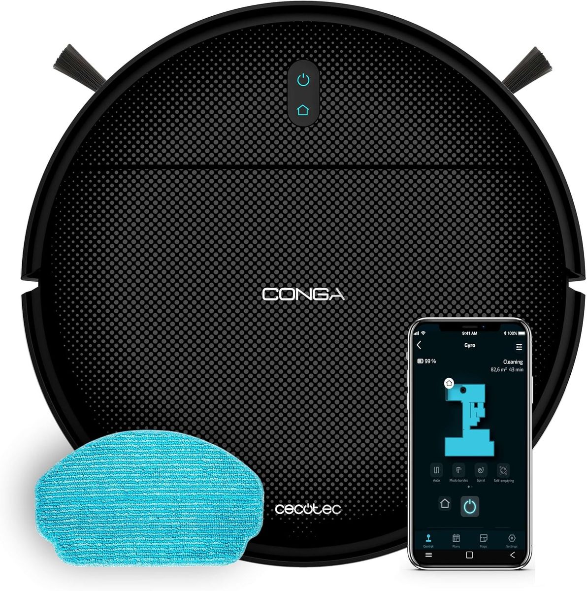 Der schwarze Conga M10 X-Treme von oben mit einem türkisfarbenen Wischtuch und einem Smartphone mit geöffneter Conga-App.