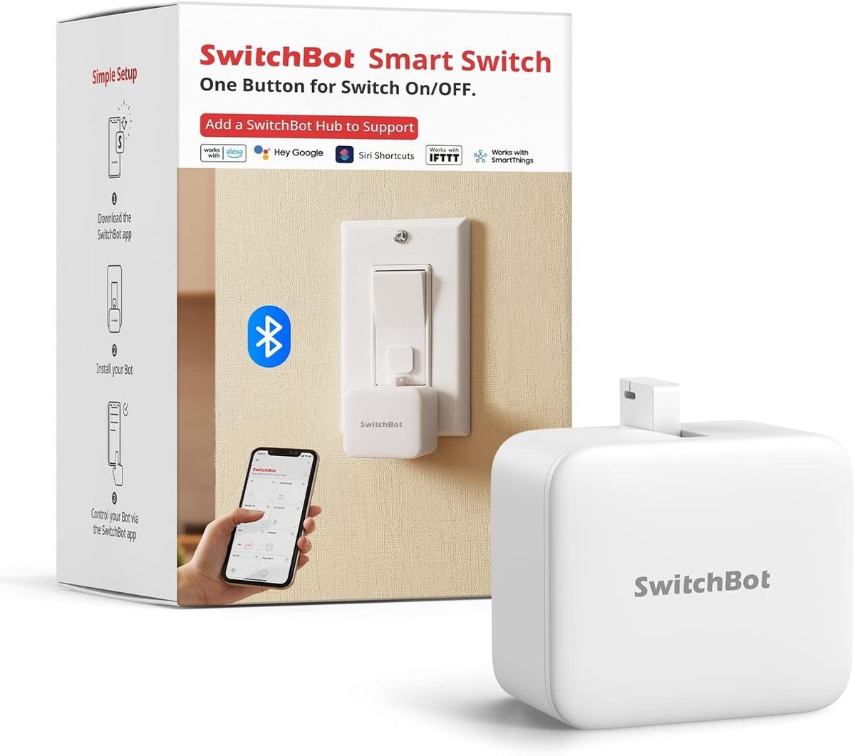 Weißer SwitchBot Bot vor seiner Verpackung, die das Gerät an einem Lichtschalter neben einem Smartphone mit SwitchBot-App zeigt.