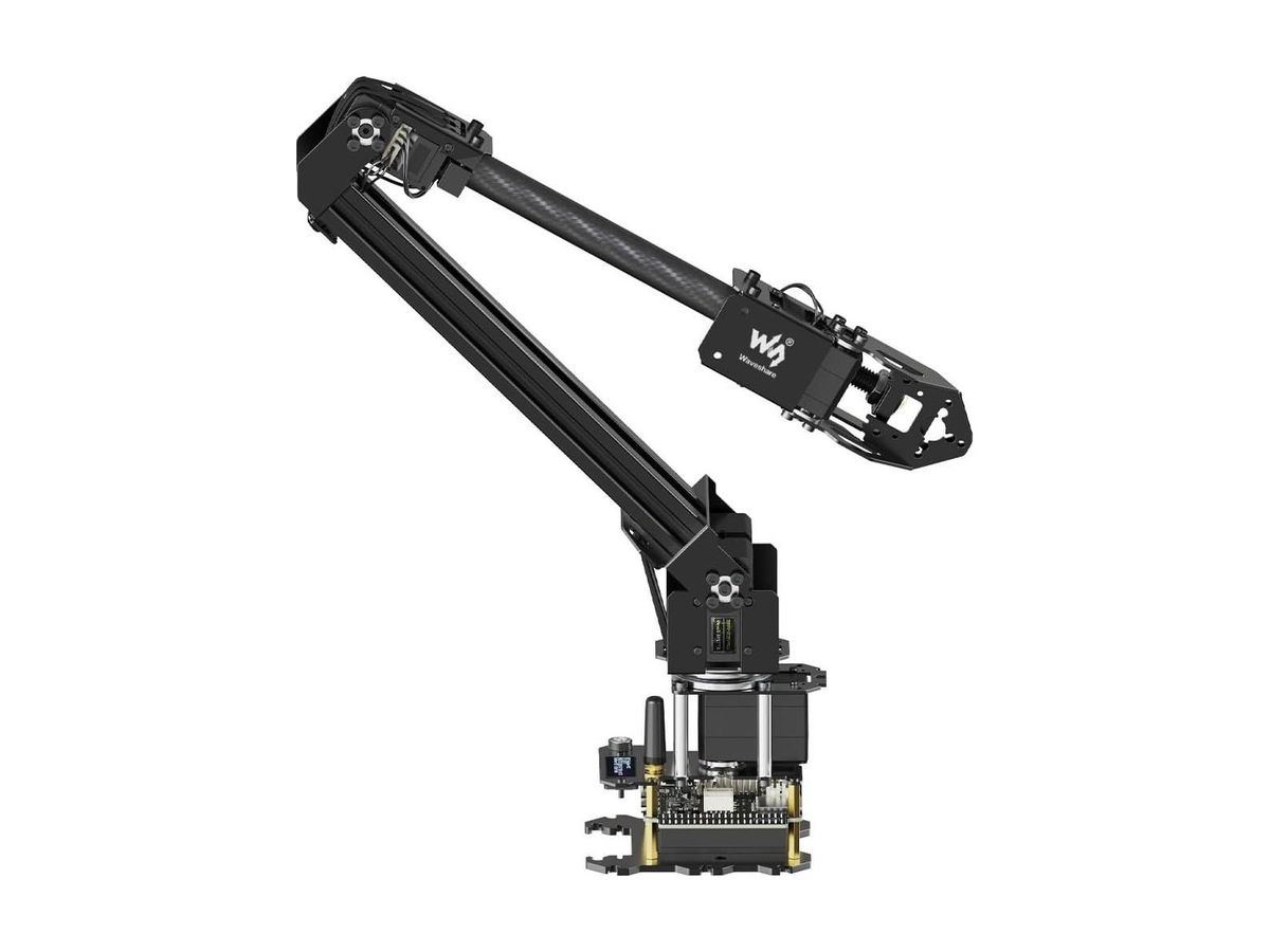 Schwarzer vierachsiger Roboterarm RoArm-M2-S mit Kohlefaser-Oberarm, Greifer und ESP32-Steuerplatine mit Antenne an der Basis.