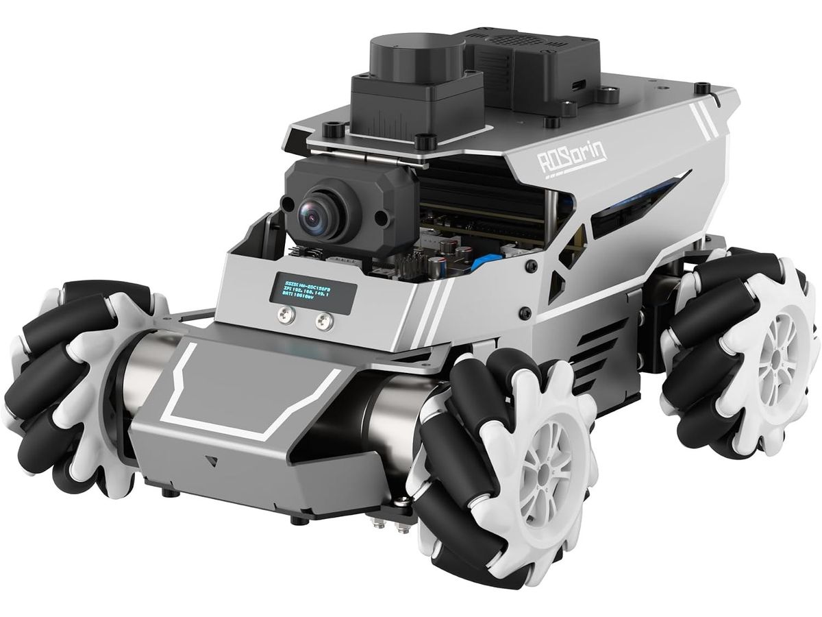 Silbernes Roboterfahrzeug ROSOrin mit vier Mecanum-Rädern, Kamera und kleinem Display an der Front sowie LiDAR und Sprachmodul auf dem Dach.