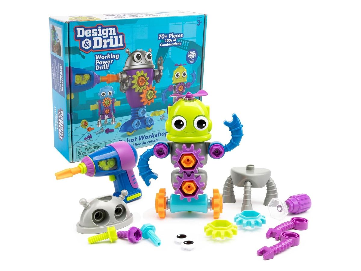 Blaue Verpackung „Design & Drill Robot Workshop“ hinter einem zusammengebauten grünen Roboter mit Zahnrädern, daneben Spielzeugbohrer, Schrauben, Augen und weitere Teile.