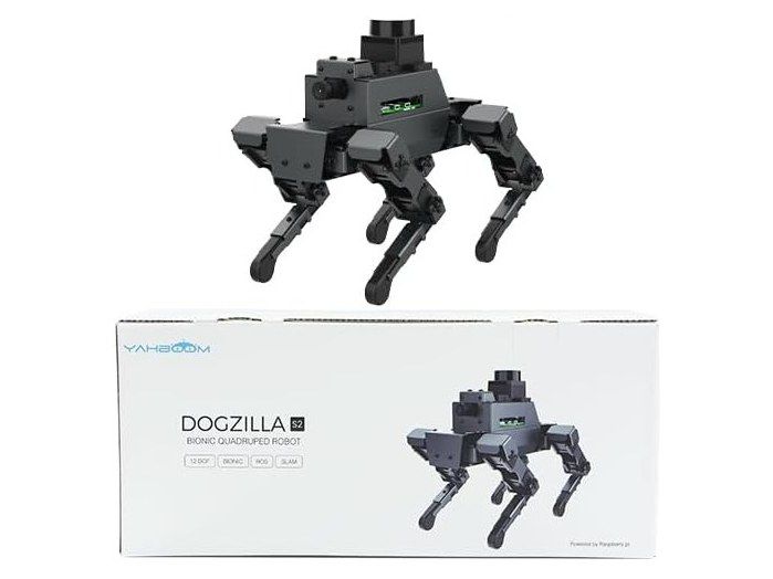 Grauer Roboterhund DOGZILLA S2 mit Lidar-Turm auf dem Rücken über seinem weißen Karton mit der Aufschrift DOGZILLA S2 Bionic Quadruped Robot.