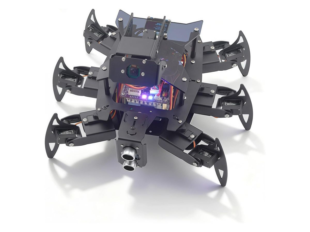 Schwarzer sechsbeiniger Spinnenroboter aus Aluminium mit Kamera an der Front, Ultraschallsensor, leuchtender Steuerplatine und OLED-Display