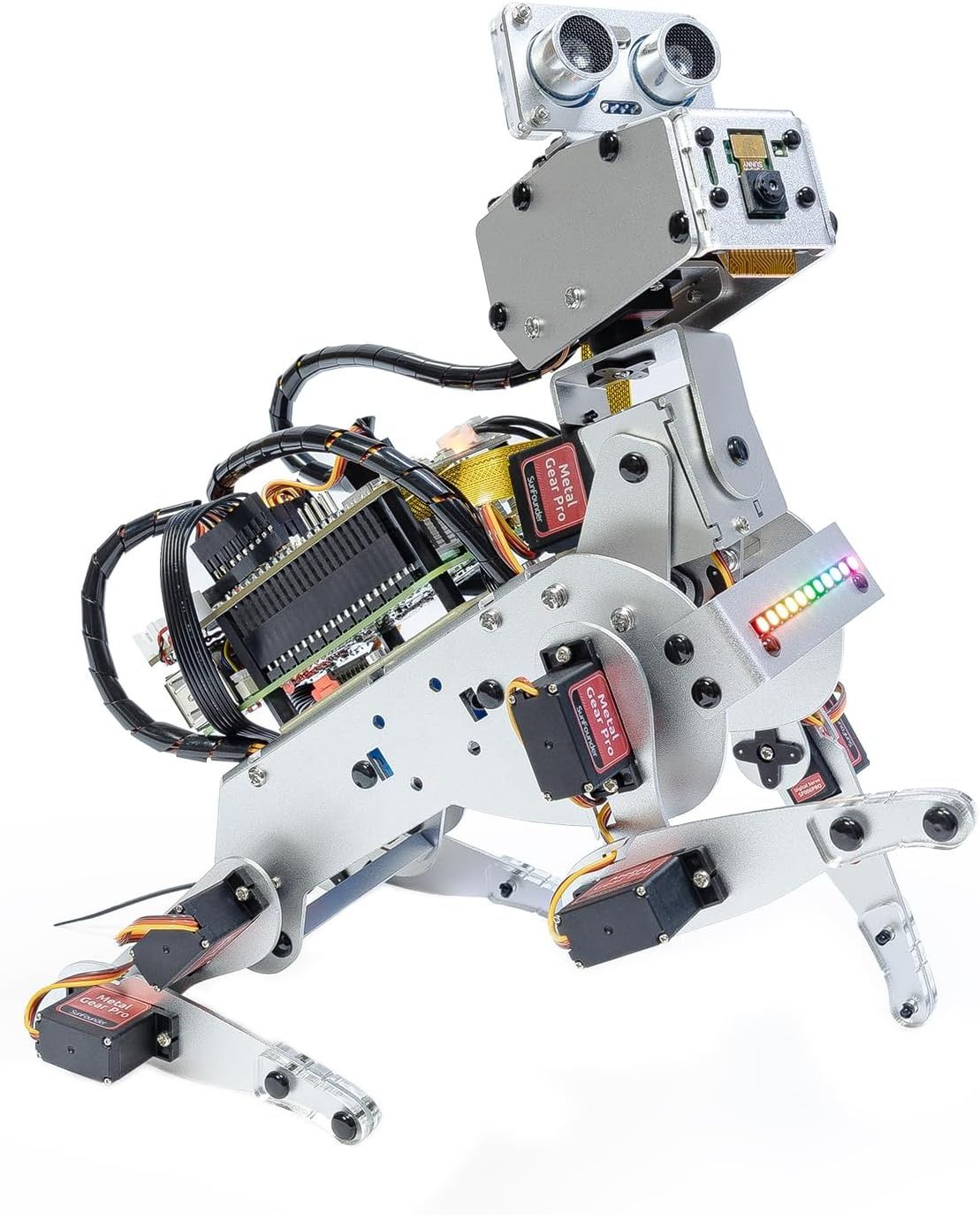 Silberner Roboterhund PiDog aus Aluminium sitzt aufrecht, mit Ultraschallsensor und Kamera am Kopf und bunter LED-Leiste an der Brust.