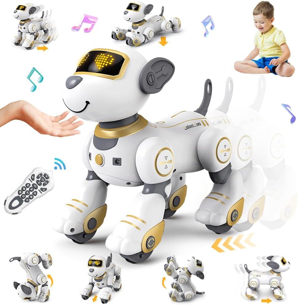 VATOS Roboterhund in Weiß-Gold mit Fernbedienung, darum herum verschiedene Bewegungsposen
