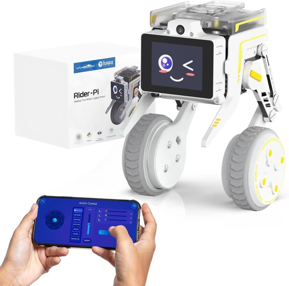 Weißer Rad-Bein-Roboter Rider-Pi mit zwinkerndem Gesicht auf dem Display vor seinem Karton, davor zwei Hände mit einem Smartphone, das die Steuer-App zeigt.