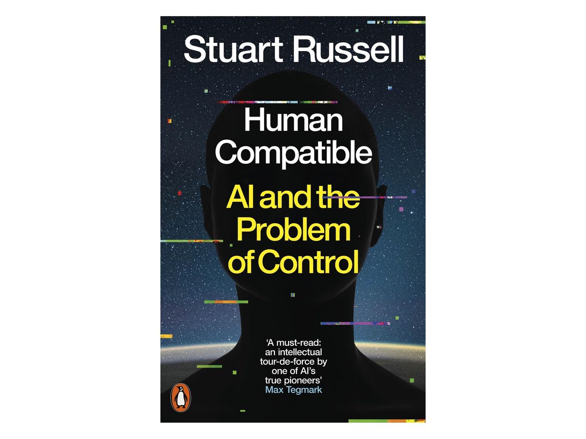 Dunkles Buchcover mit der Silhouette eines Kopfes vor einem leuchtenden Erdhorizont, weißer Name „Stuart Russell“ und Titel „Human Compatible“, gelber Untertitel „AI and the Problem of Control“, Zitat von Max Tegmark und Penguin-Logo