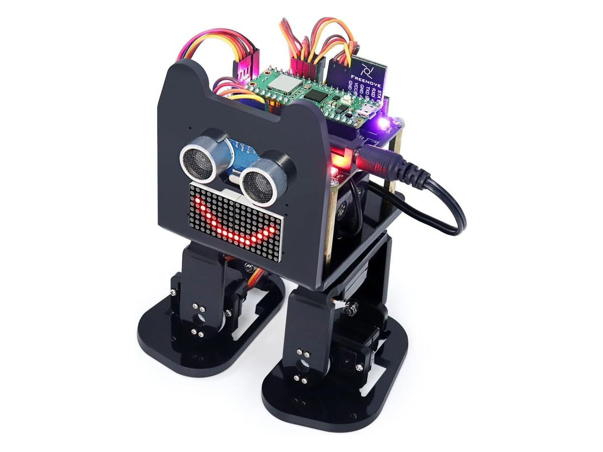Zweibeiniger Roboter aus schwarzem Acryl mit katzenohrförmigem Kopf, Ultraschallsensor als Augen, rot leuchtender LED-Matrix als Mund und Platine oben.
