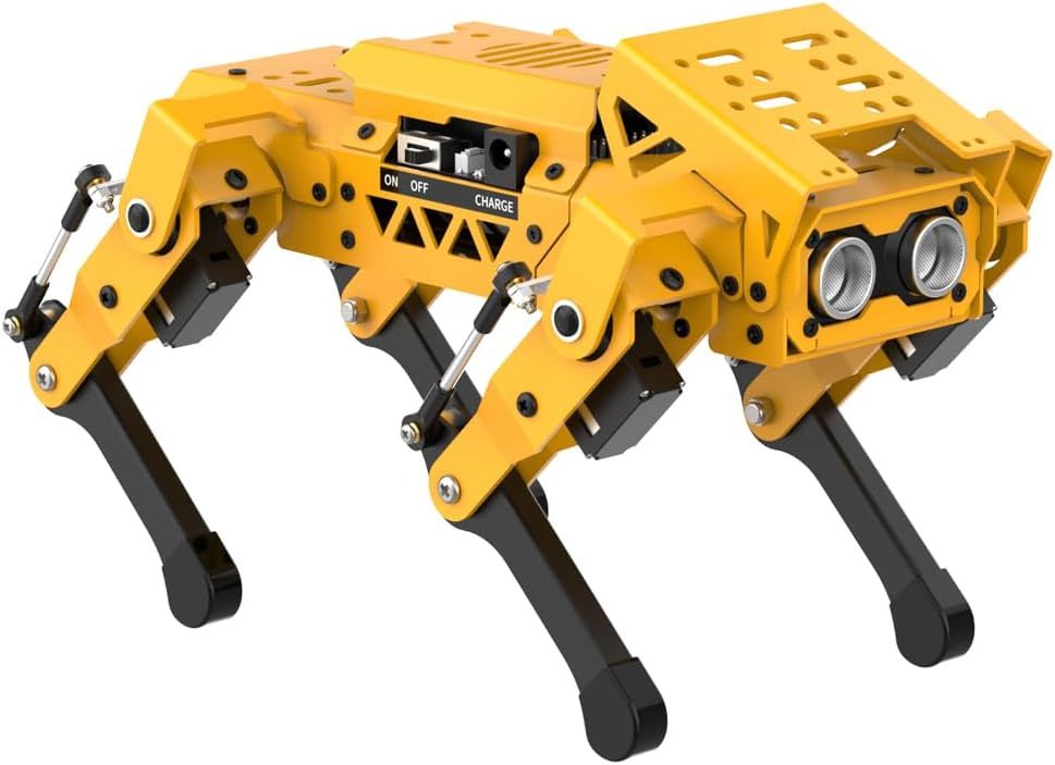 Gelber Roboterhund MechDog aus Aluminium mit schwarzen Beinen, vorn ein Ultraschallsensor mit zwei runden Öffnungen, seitlich Schalter ON/OFF und Ladebuchse.