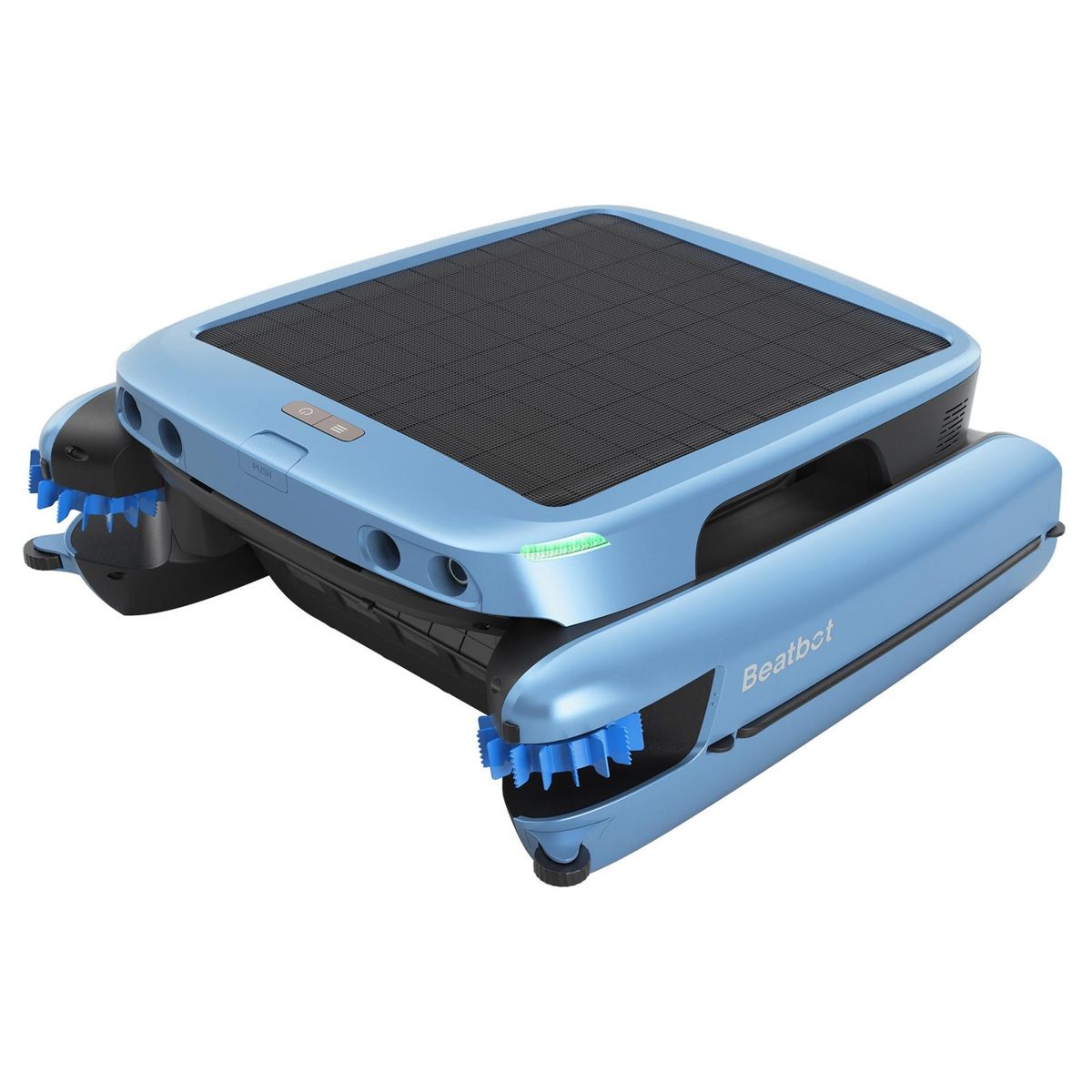 Eisblauer Beatbot iSkim Ultra mit großem Solarpanel und blauen Seitenbürsten auf weißem Grund.