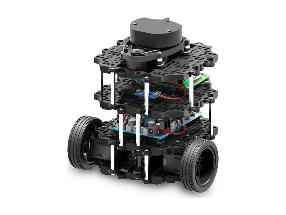 TurtleBot3 Burger in Schrägansicht: dreistöckiger schwarzer Rahmen aus Lochplatten mit zwei Rädern, Platinen und dem runden Lidar-Sensor oben.