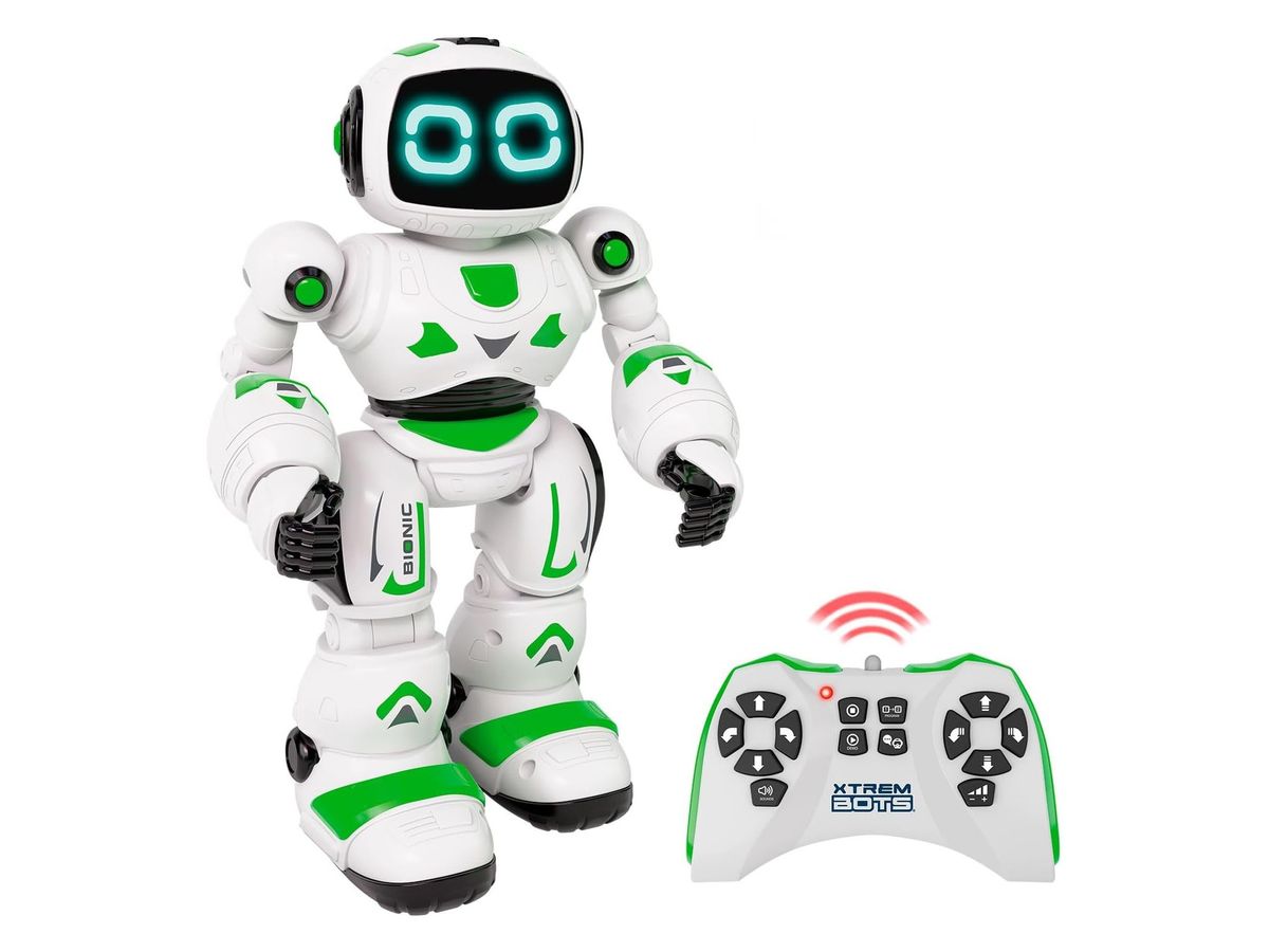 Weiß-grüner Roboter Bionic mit leuchtenden runden Augen, daneben die weiß-grüne Fernbedienung