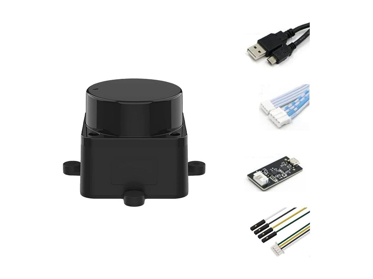Schwarzer Lidar-Sensor LD19 mit Befestigungslaschen neben USB-Kabel, Flachbandkabel, USB-Adapterplatine und Dupont-Kabel.