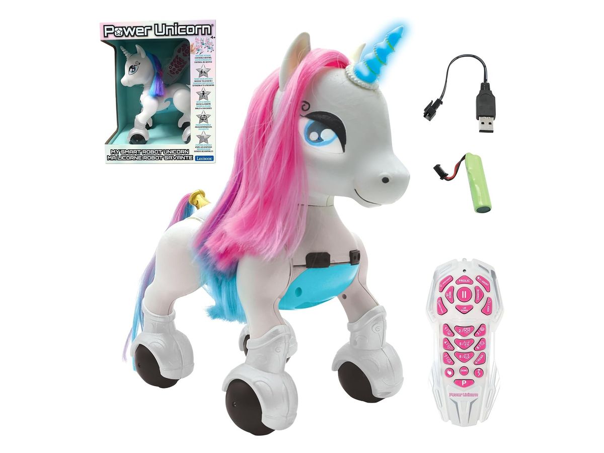 Roboter-Einhorn Power Unicorn mit pinker Mähne und leuchtendem blauem Horn, daneben Verpackung, Fernbedienung, Akku und Ladekabel