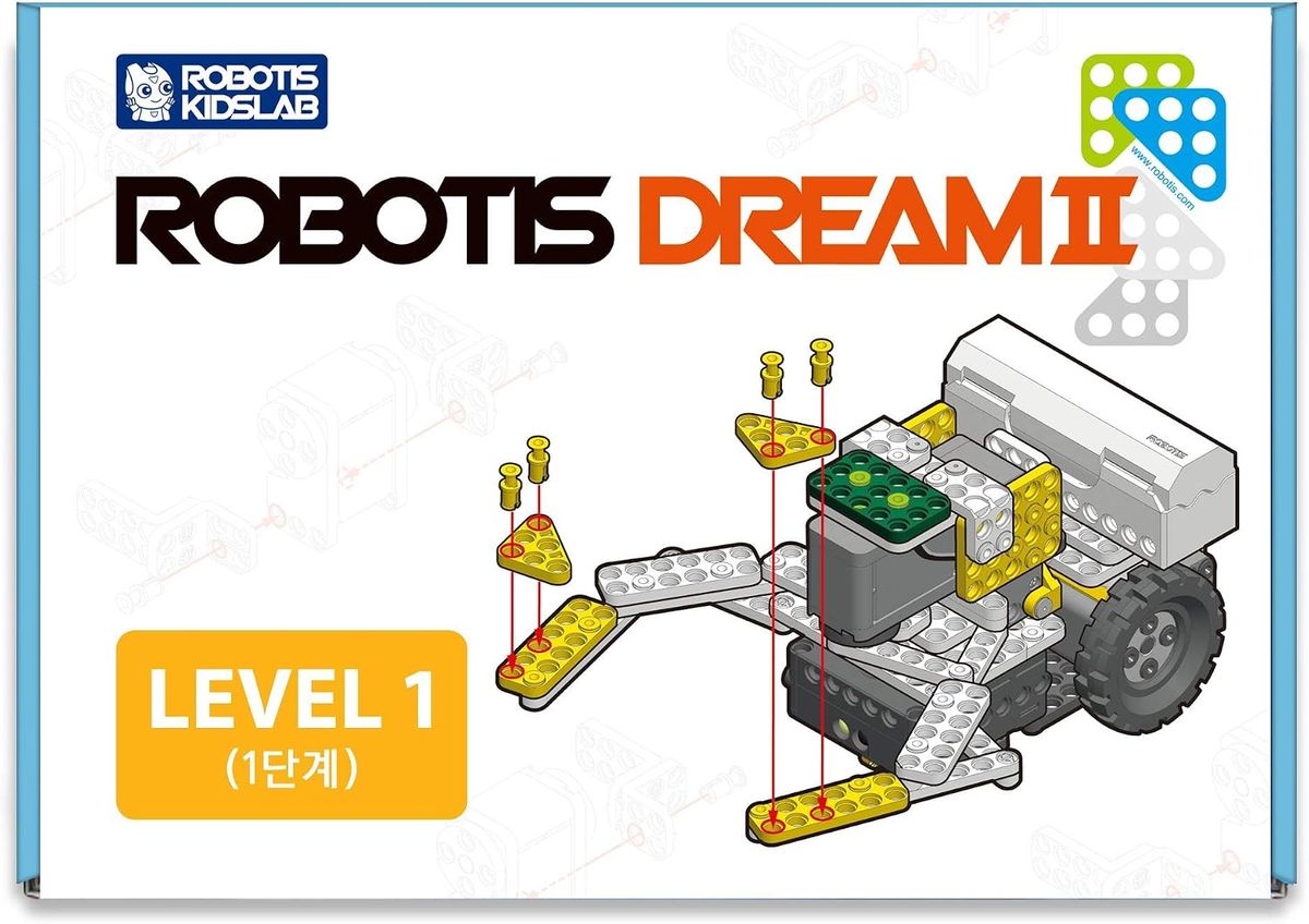 Verpackung des ROBOTIS DREAM II mit gelbem Feld „Level 1“ und einer Explosionszeichnung eines Fahrzeugmodells aus weißen, gelben und grünen Bauteilen.