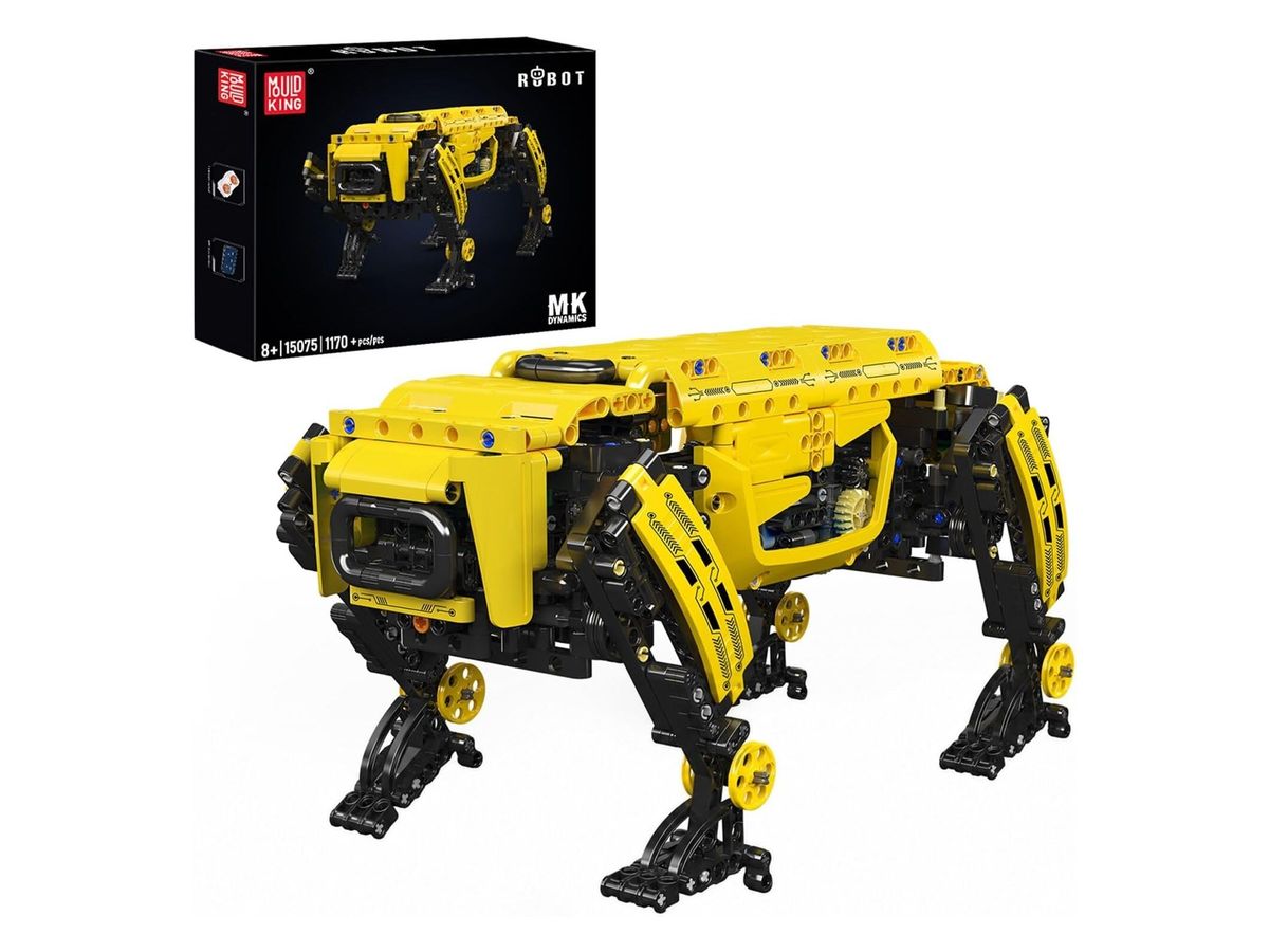 Gelb-schwarzer Roboterhund aus Klemmbausteinen auf vier Beinen vor weißem Grund, dahinter die schwarze Mould-King-Packung mit Abbildung des Modells.