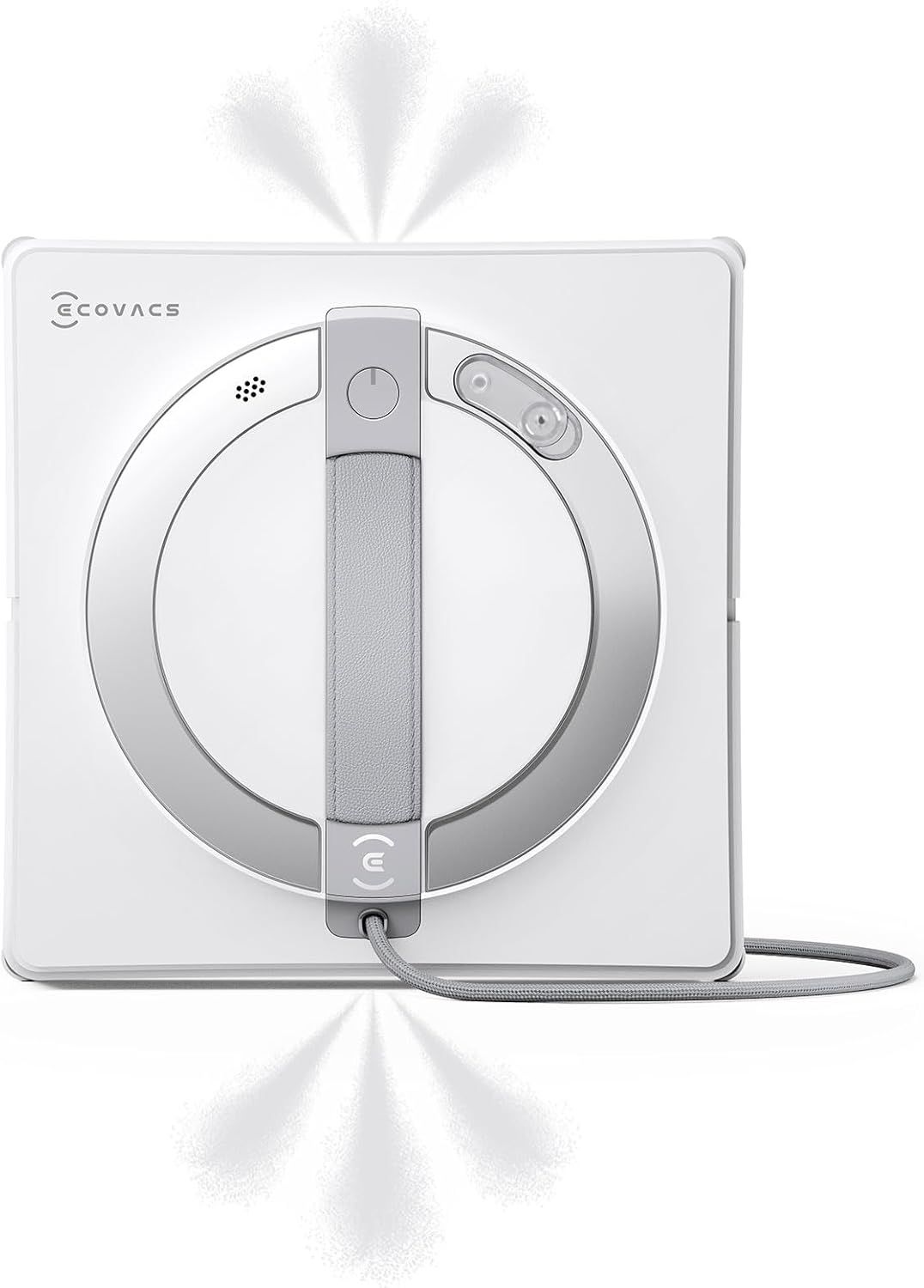 Weißer WINBOT W2 PRO in Frontansicht mit silbernem Ring, grauem Griff und Kabel, oben und unten tritt angedeuteter Sprühnebel aus.